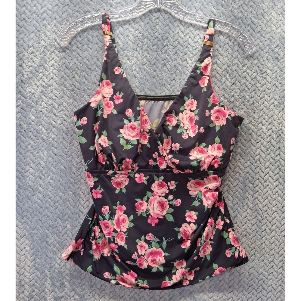 Cremieux Navy Pink Floral Tankini Swim Top 36DD Gold Hardware Coastal Beach